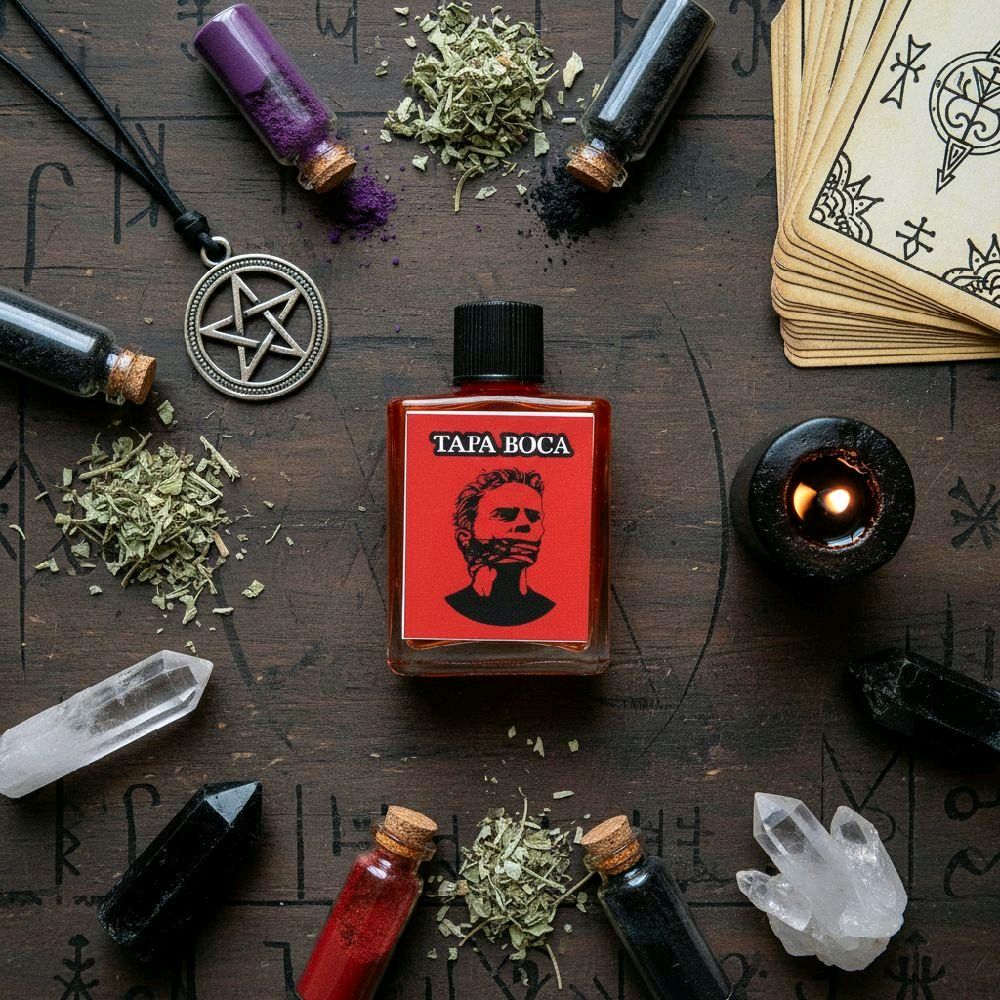 Frasco de Aceite Espiritual Tapa Boca con etiqueta roja sobre altar de madera con hierbas y cuarzos