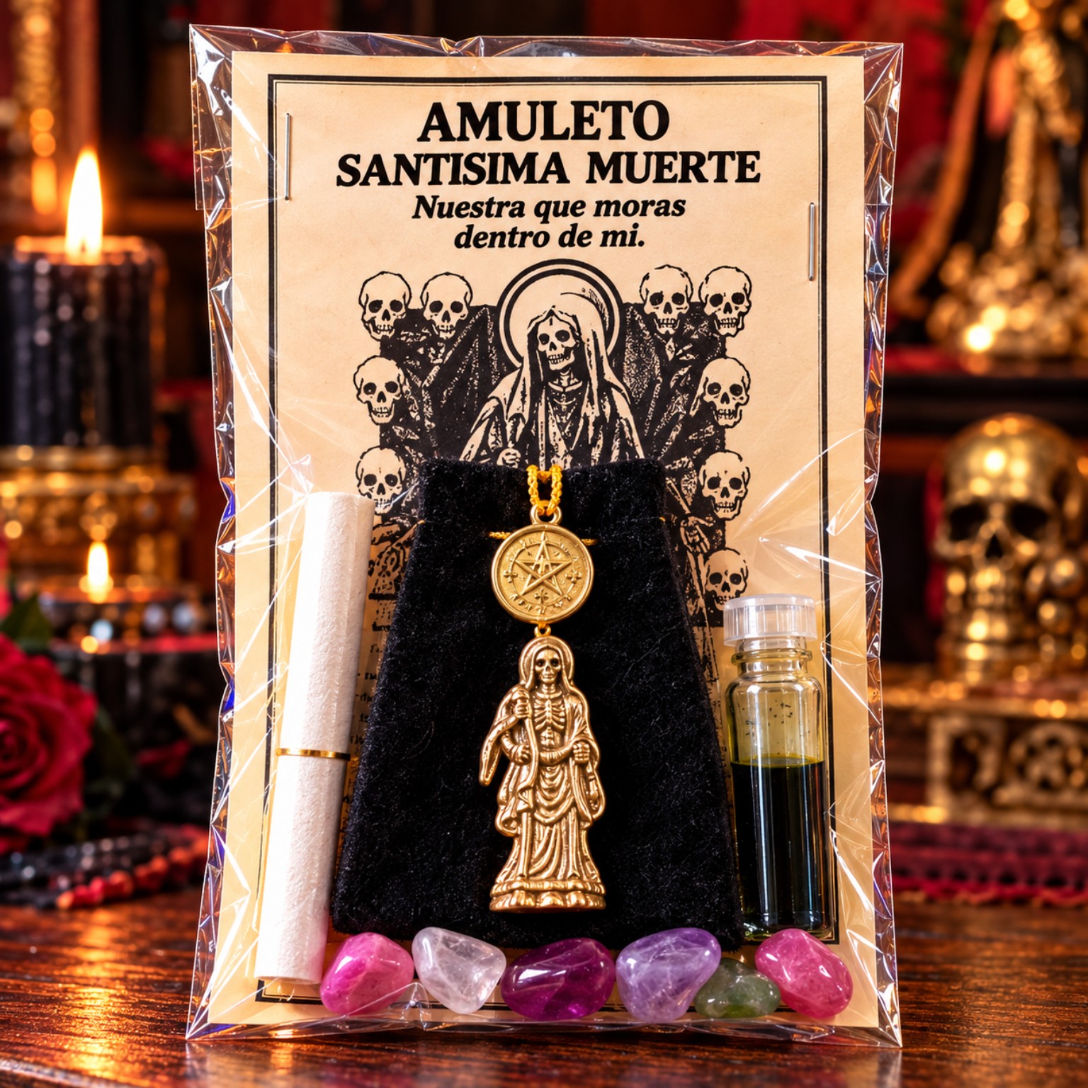 Amuleto Santísima Muerte con bolsita negra, figura dorada de la Santísima Muerte, frasco y piedras de colores