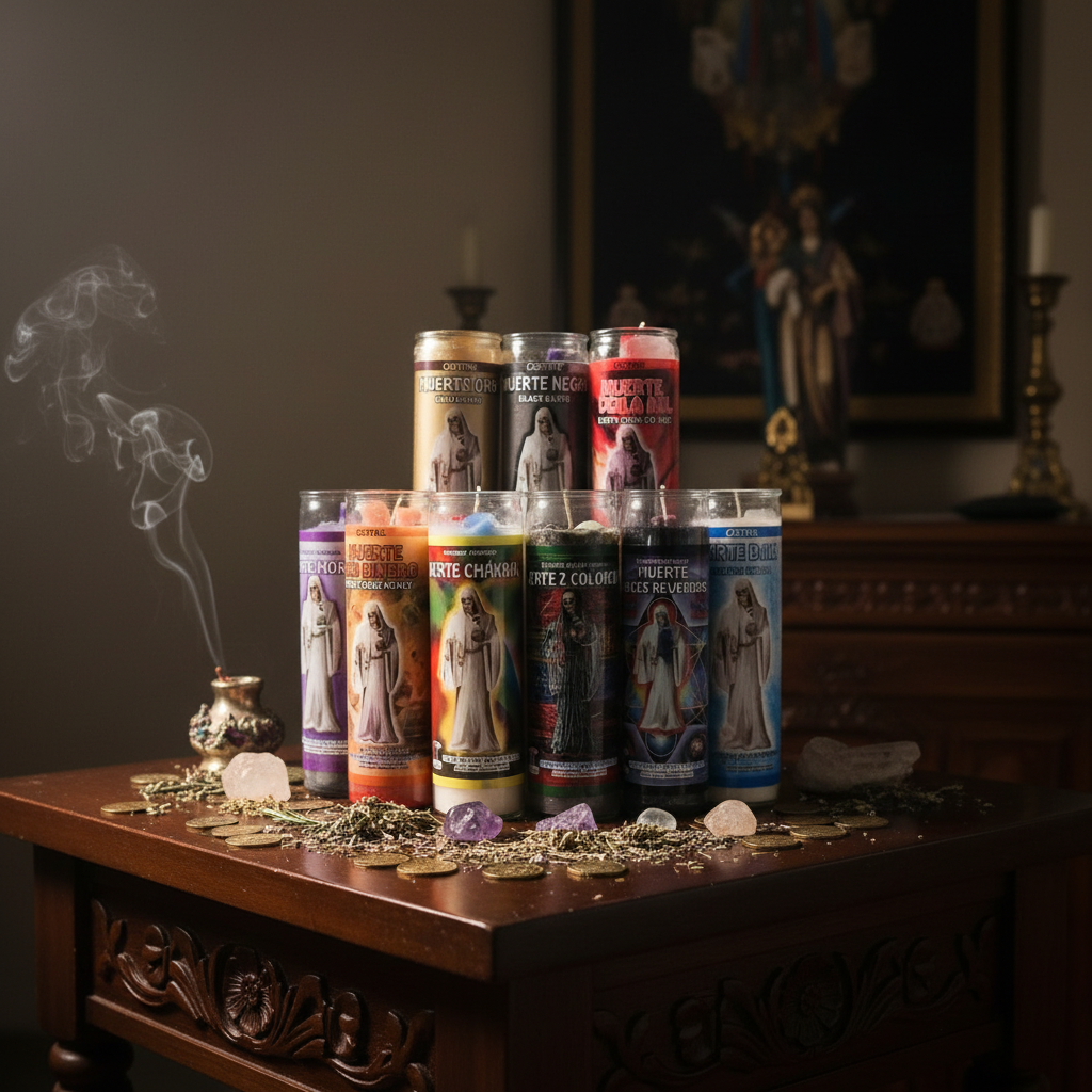Colección de veladoras Santísima Muerte de diferentes colores en un altar de luz cálida