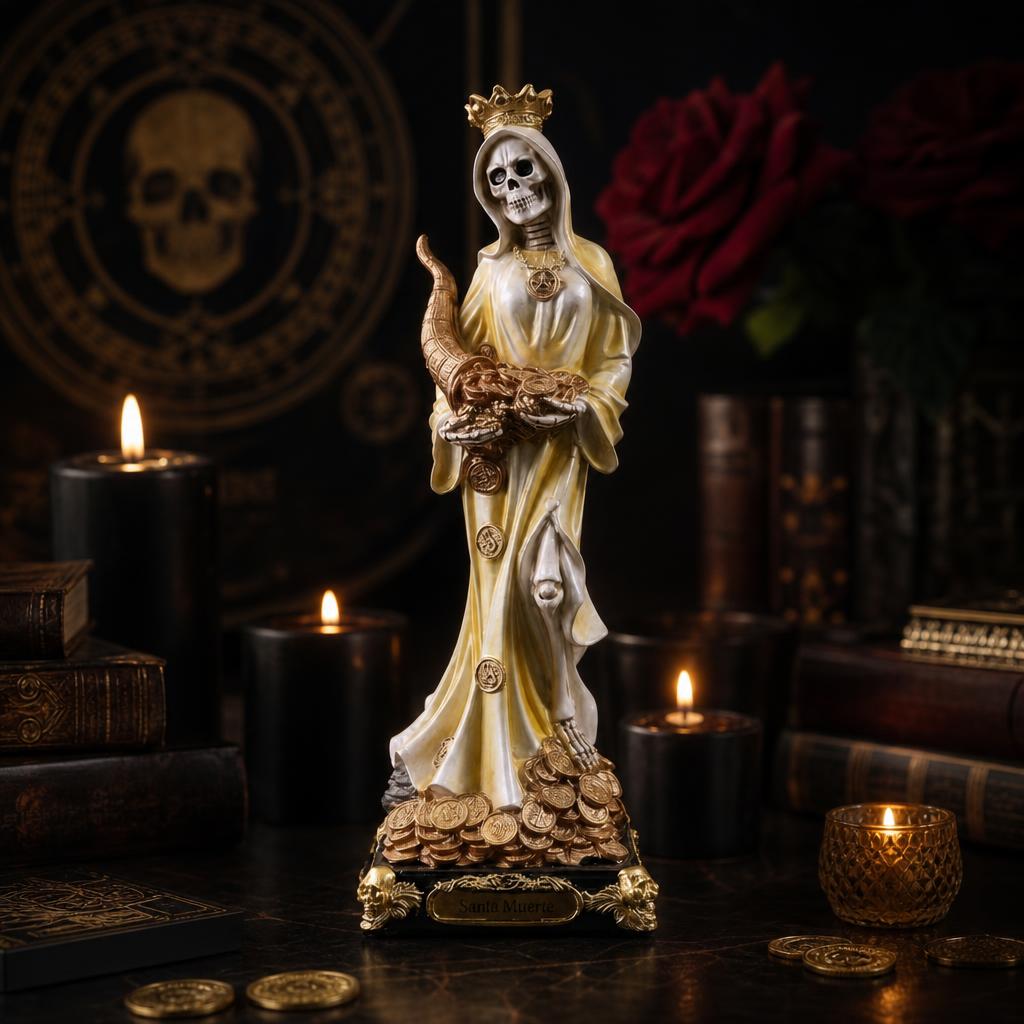 Estatua de Santa Muerte con manto dorado y cuerno de la abundancia sobre altar con veladoras