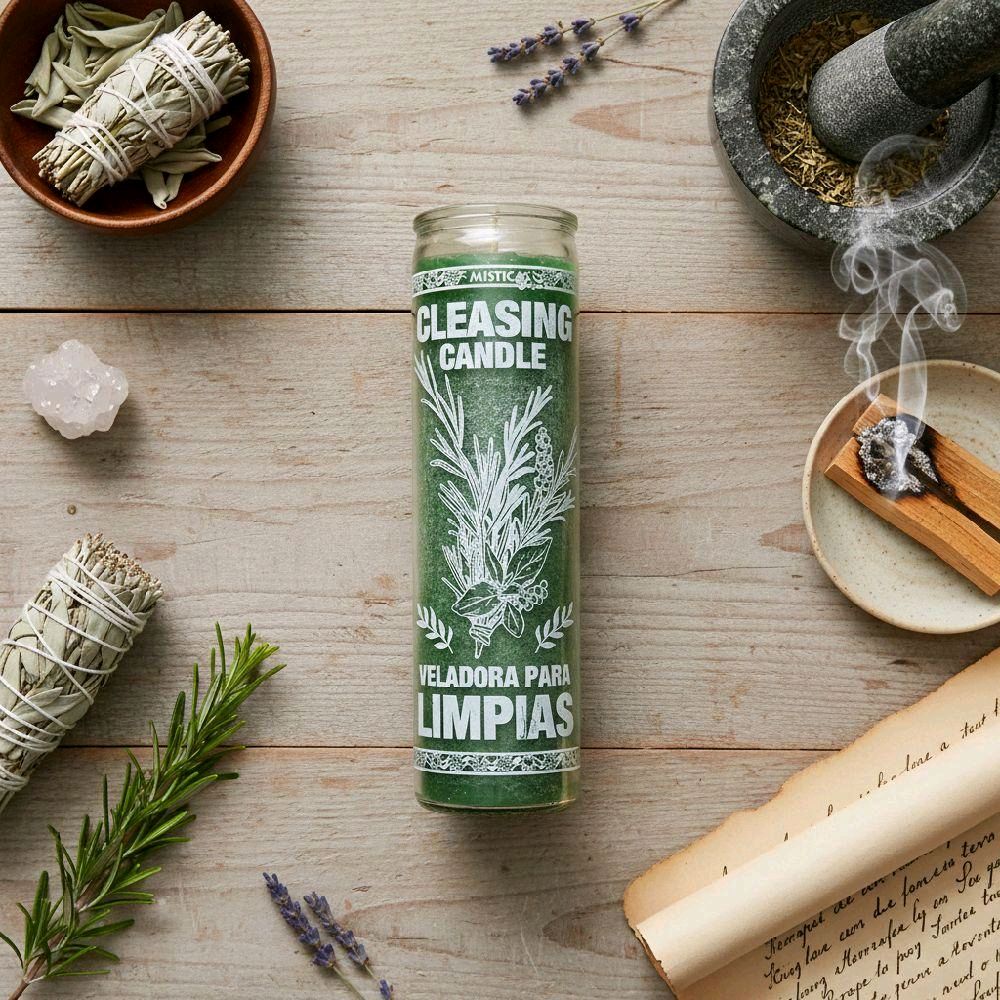 Veladora verde para limpias de siete días con salvia, romero, lavanda y palo santo sobre madera clara
