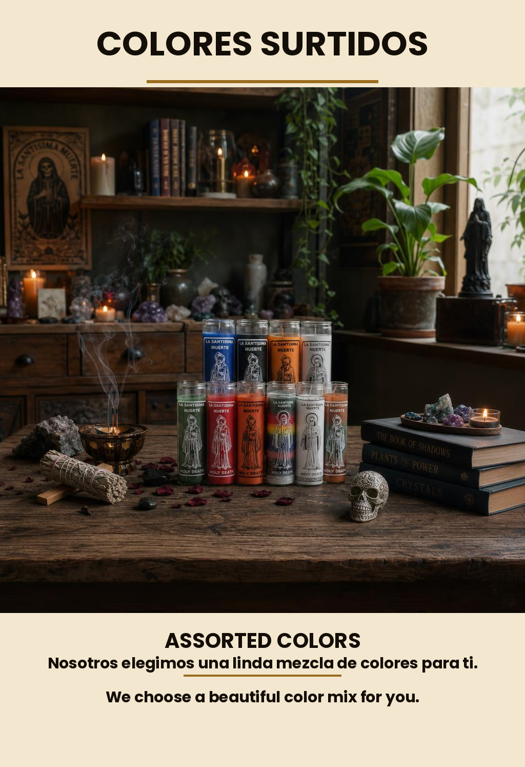 Kit surtido de 4 veladoras de la Santísima Muerte en distintos colores