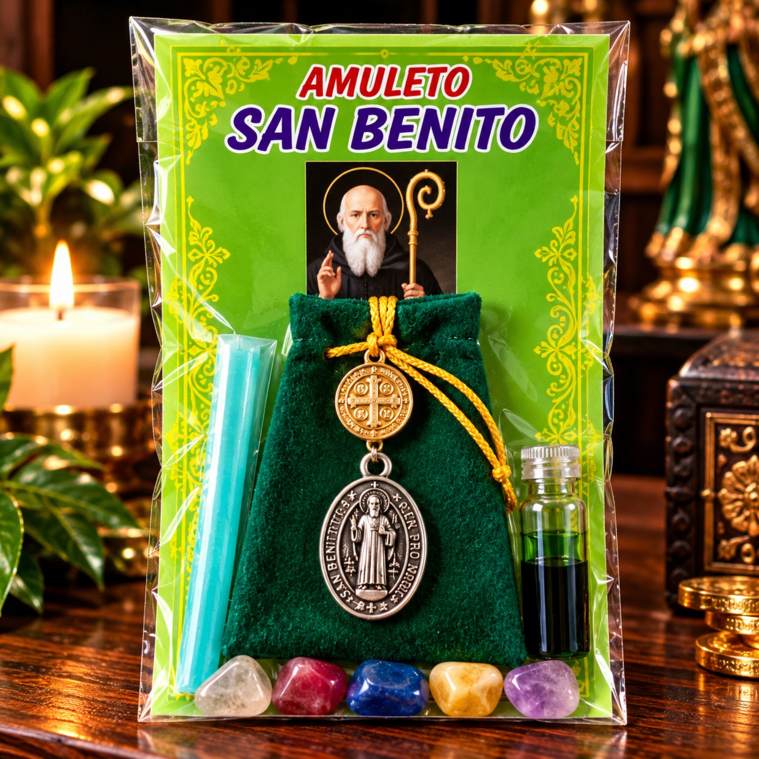 Amuleto San Benito con bolsita verde, medalla de San Benito, estampa, frasco y piedras de colores