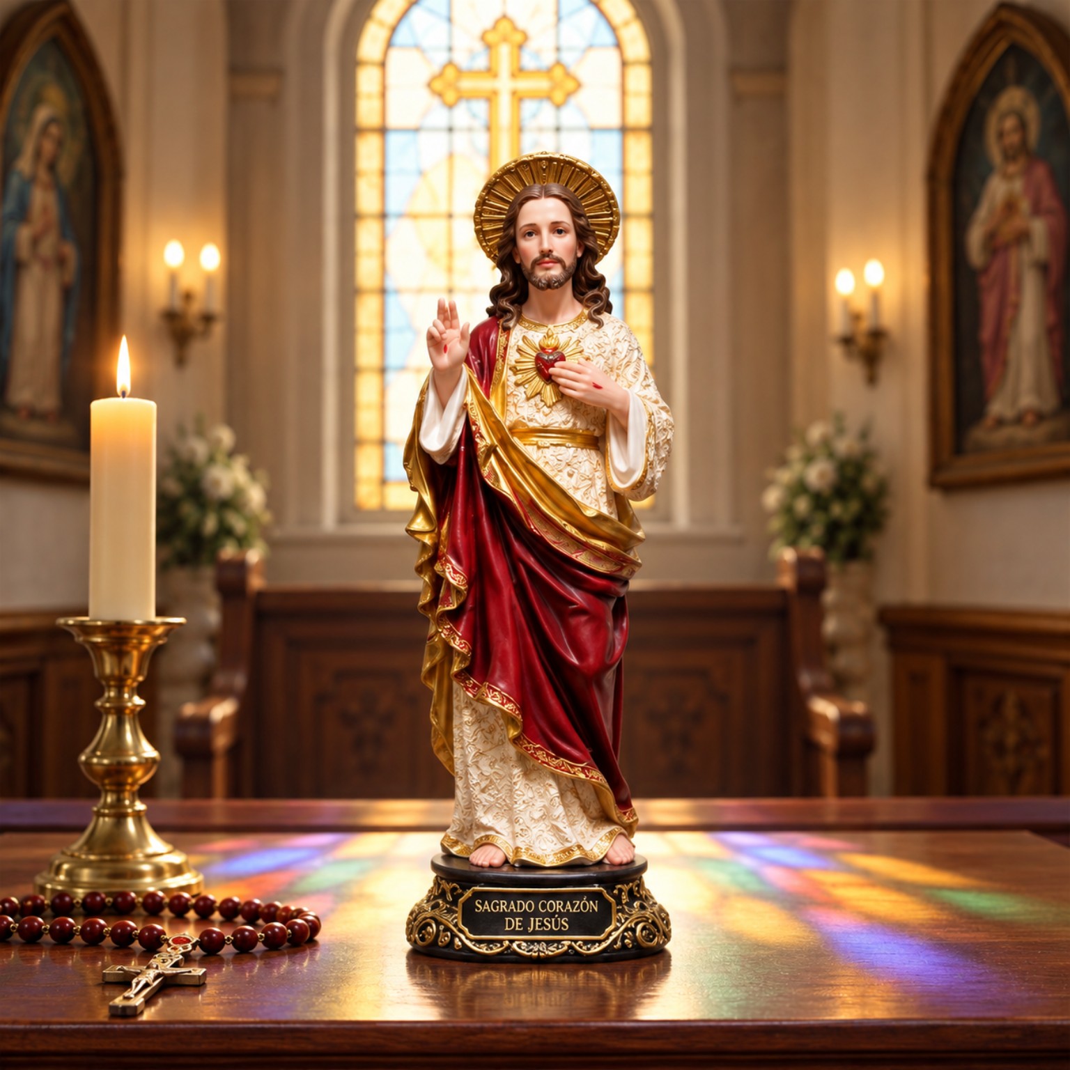 Vista frontal de la estatua del Sagrado Corazón de Jesús de 12 pulgadas con el corazón visible