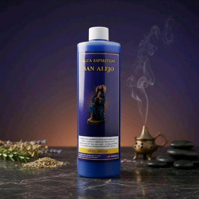 Botella azul de Agua Espiritual San Alejo de 16 oz sobre mármol oscuro con incensario de bronce, hierbas y humo de sahumerio