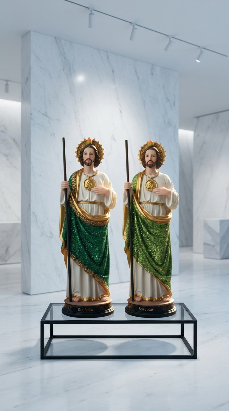 Estatua de San Judas Tadeo de 12 pulgadas en resina con manto verde brillante, en Verde Esmeralda y Verde Lima