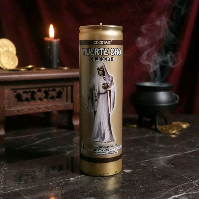 Veladora Muerte Oro dorada de siete días sobre mármol negro con monedas doradas, caldero e incienso