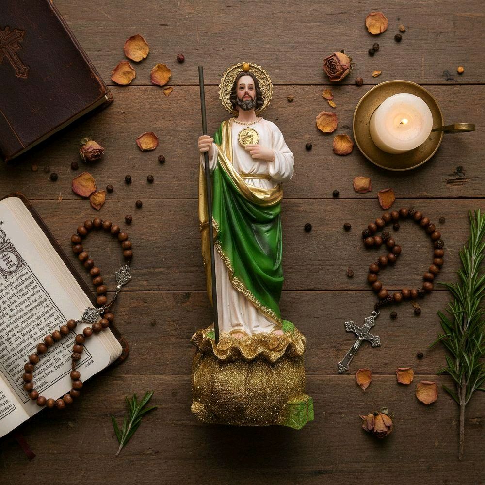 Estatua de San Judas Tadeo de resina con manto verde y base de bolsa de monedas doradas sobre mesa de madera