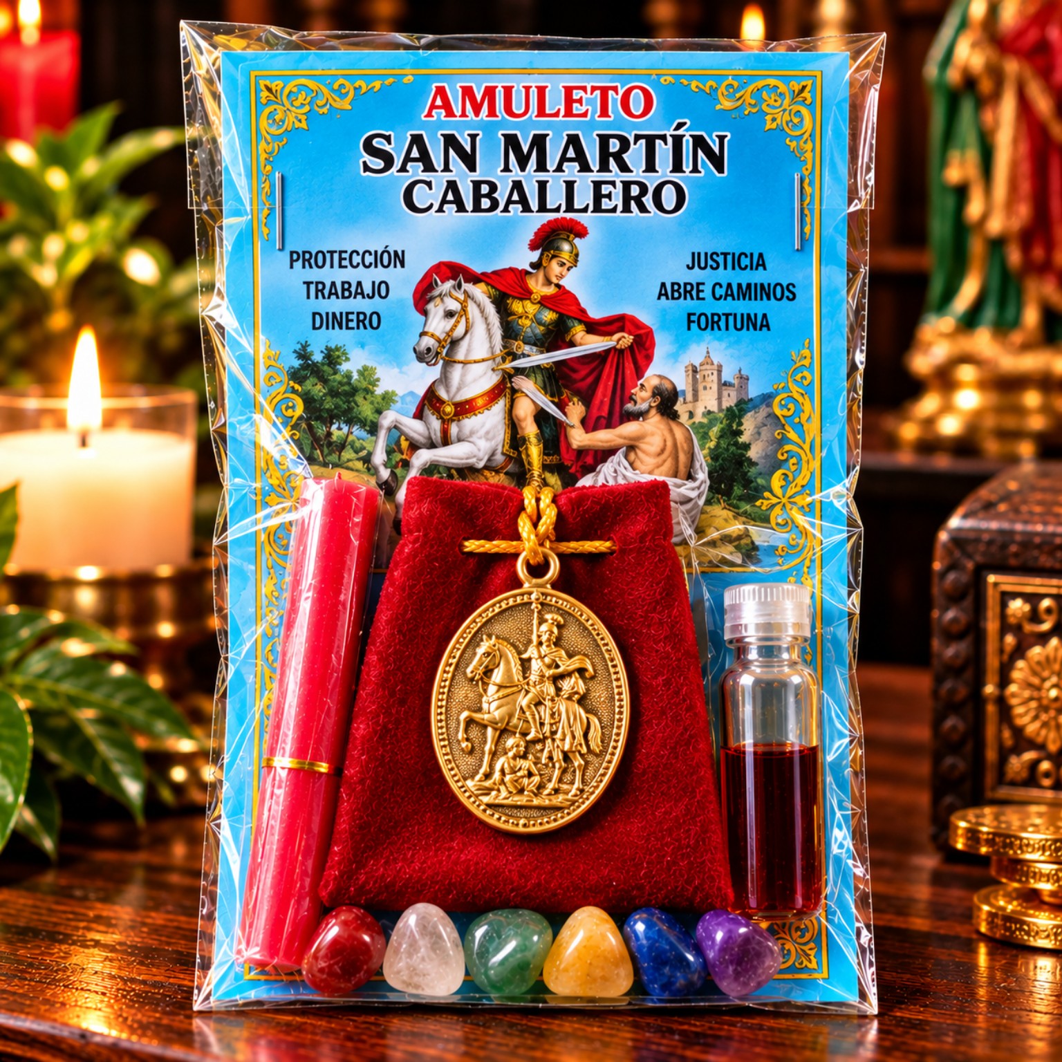 Amuleto San Martín Caballero con bolsita roja, estampa del santo a caballo, medalla dorada, frasco y piedras de colores