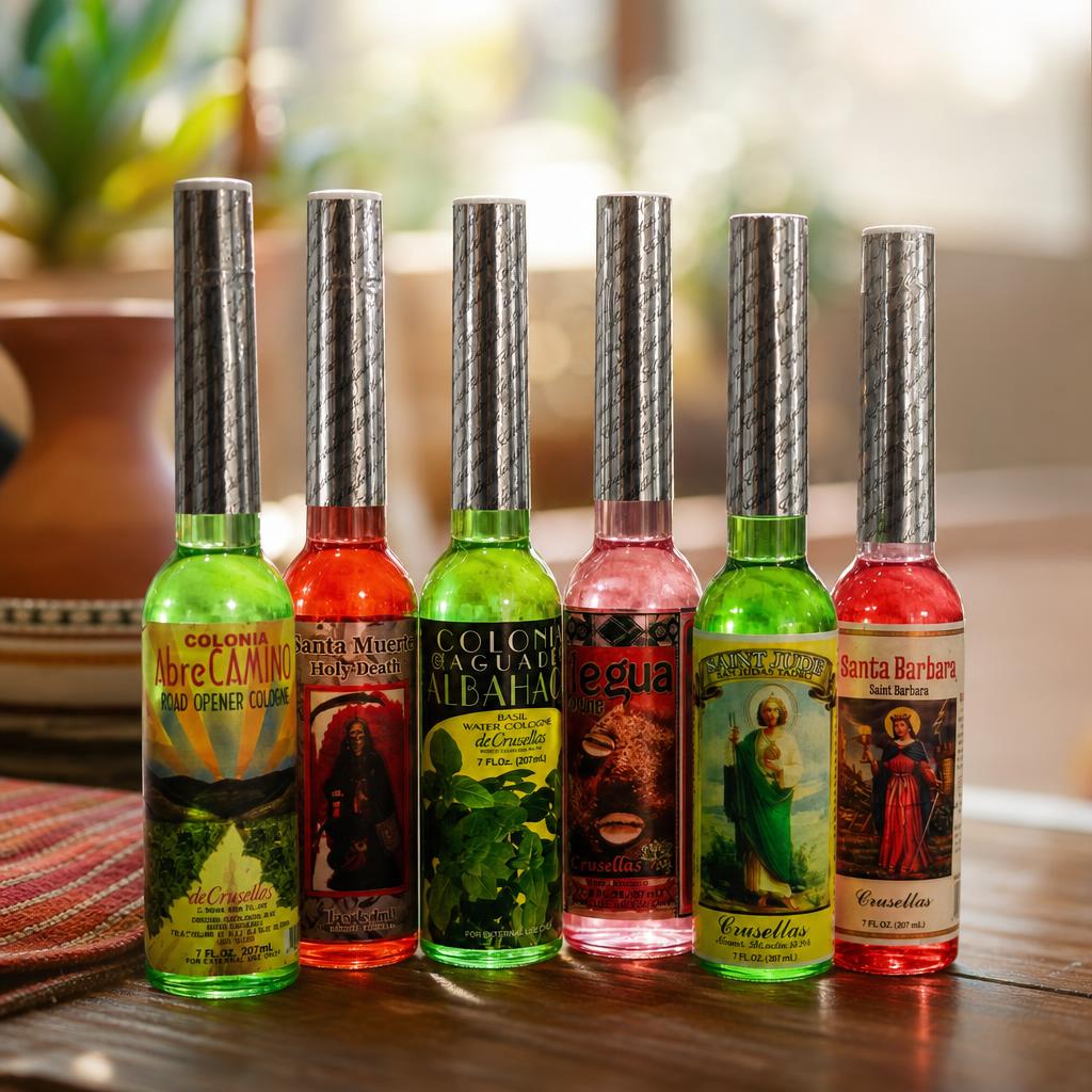 Colección de seis colonias espirituales Crusellas de 7 fl oz: Abre Camino, Santa Muerte, Albahaca, Eleguá, San Judas y Santa Bárbara.