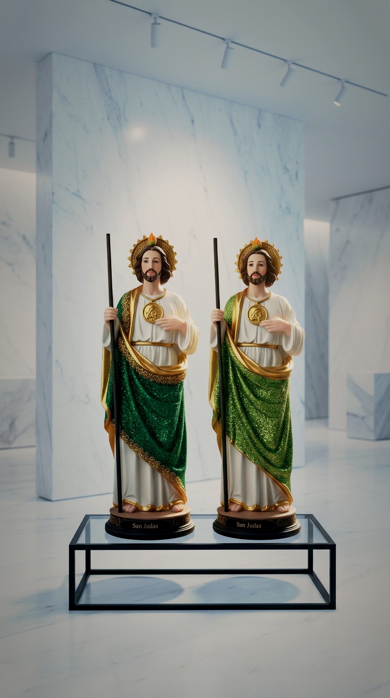 Dos estatuas de San Judas Tadeo juntas: vestido verde oscuro y verde lima