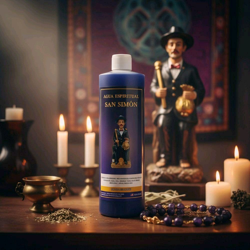 Botella azul de Agua Espiritual San Simón de 16 oz sobre altar de madera con veladoras encendidas y estatua de San Simón al fondo