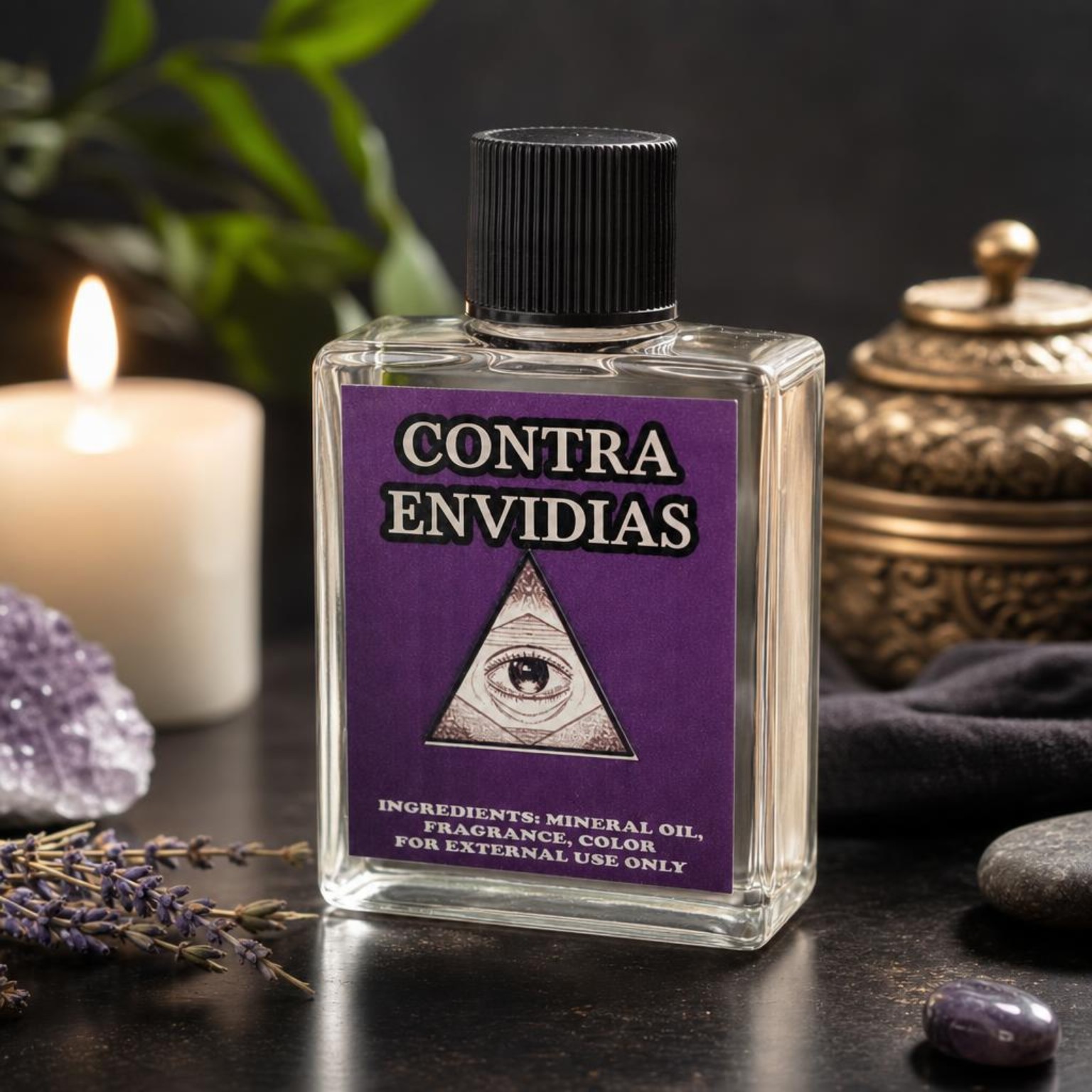 Aceite Contra Envidias, botella con etiqueta morada y ojo protector