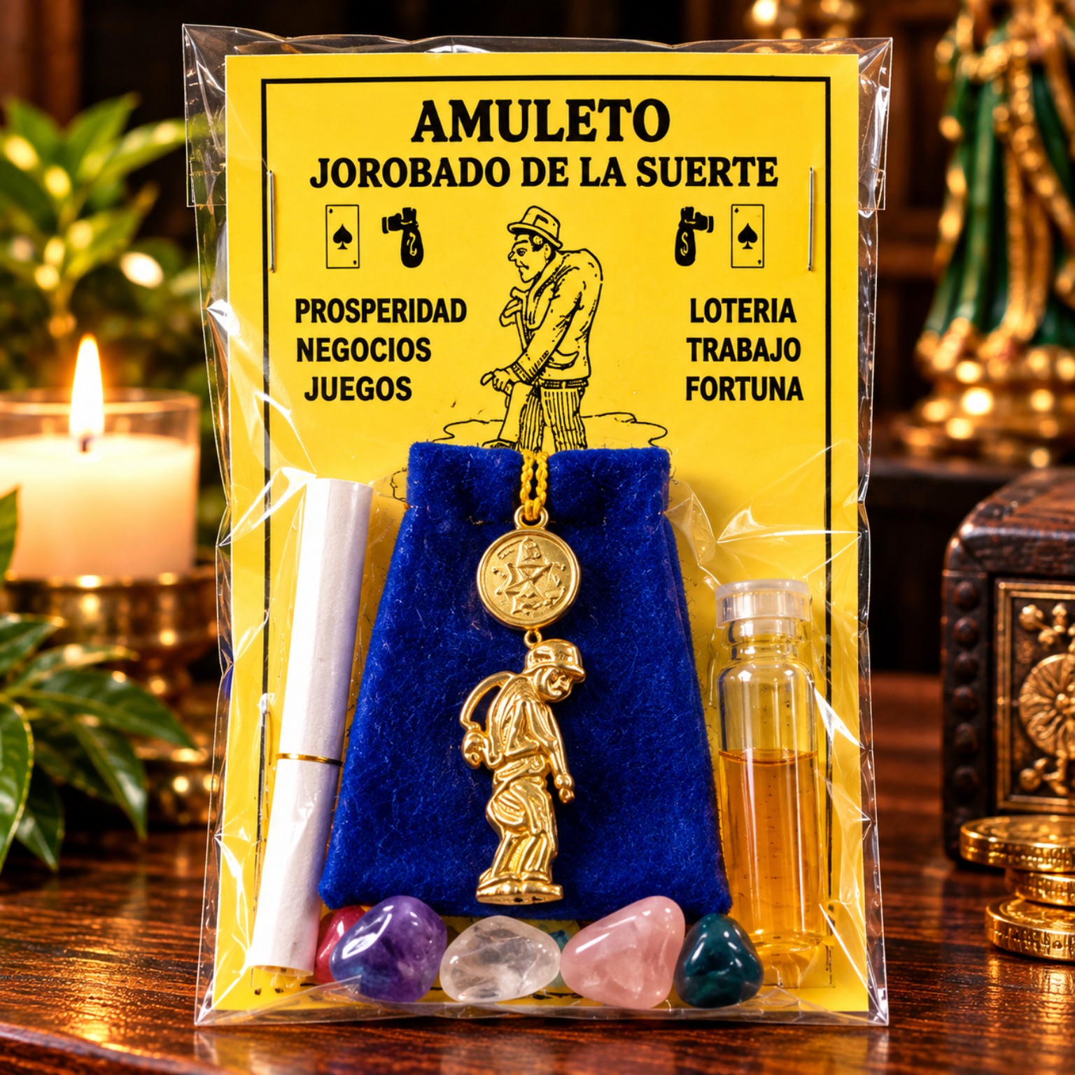 Amuleto Jorobado de la Suerte con bolsita azul, figura dorada del jorobado, frasco y piedras de colores