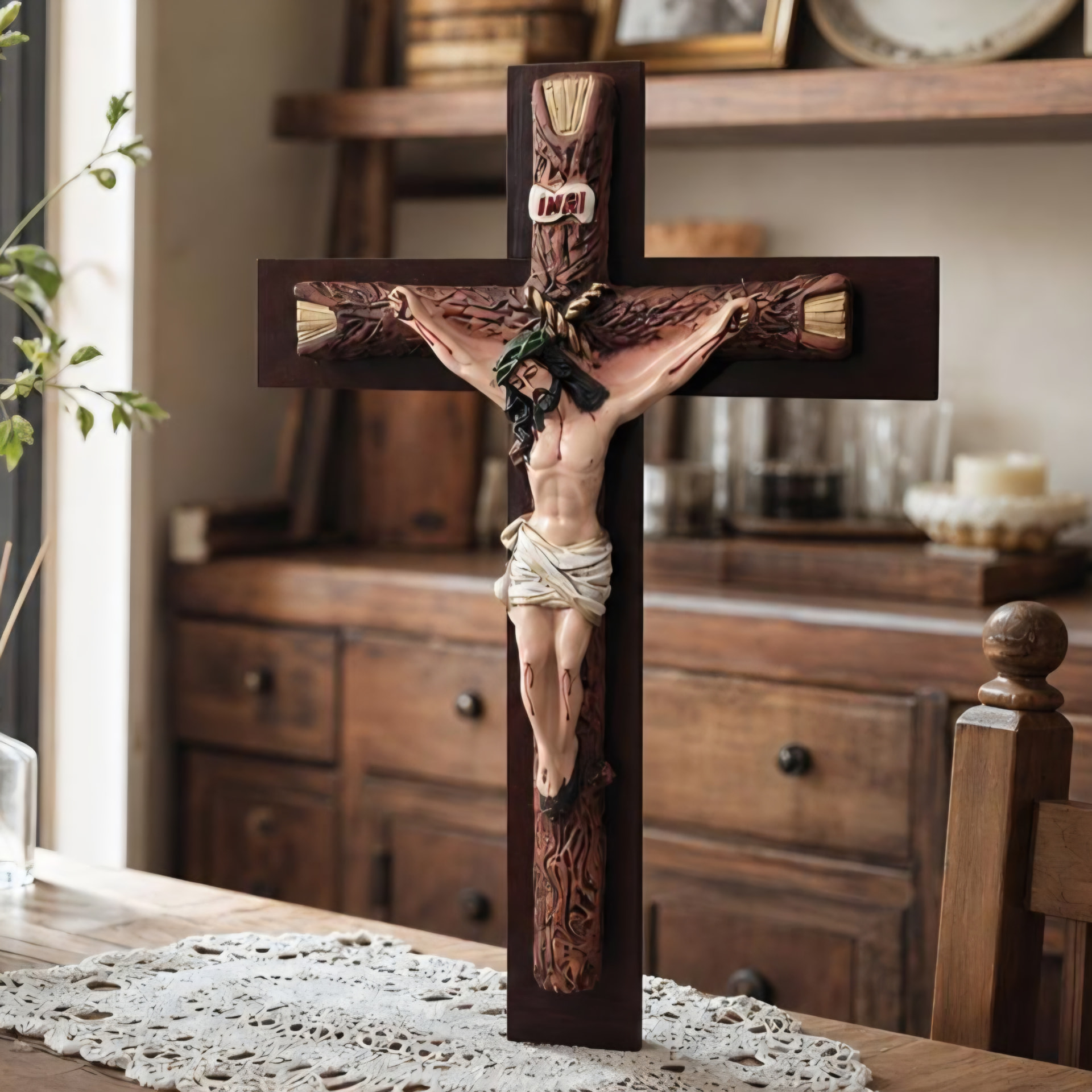 Crucifijo detallado de Cristo con acabados dorados de 20 pulgadas