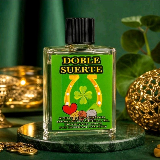 Frasco de Aceite Espiritual Doble Suerte con etiqueta verde de herradura y trébol