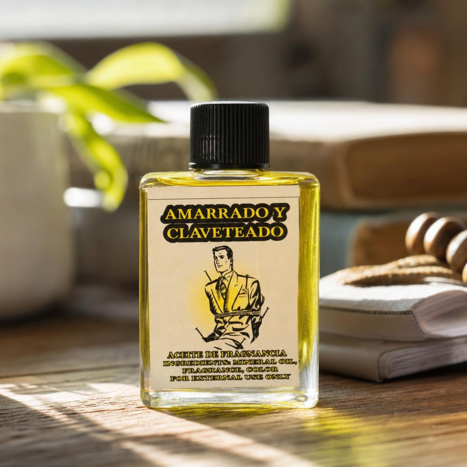 Aceite Amarrado y Claveteado, botella con etiqueta clásica sepia