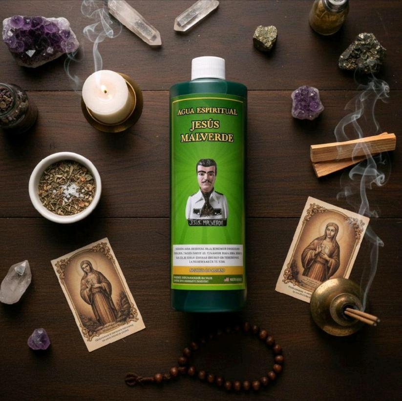 Botella verde de Agua Espiritual Jesús Malverde de 16 oz rodeada de cuarzos, veladora, palo santo y estampas devocionales